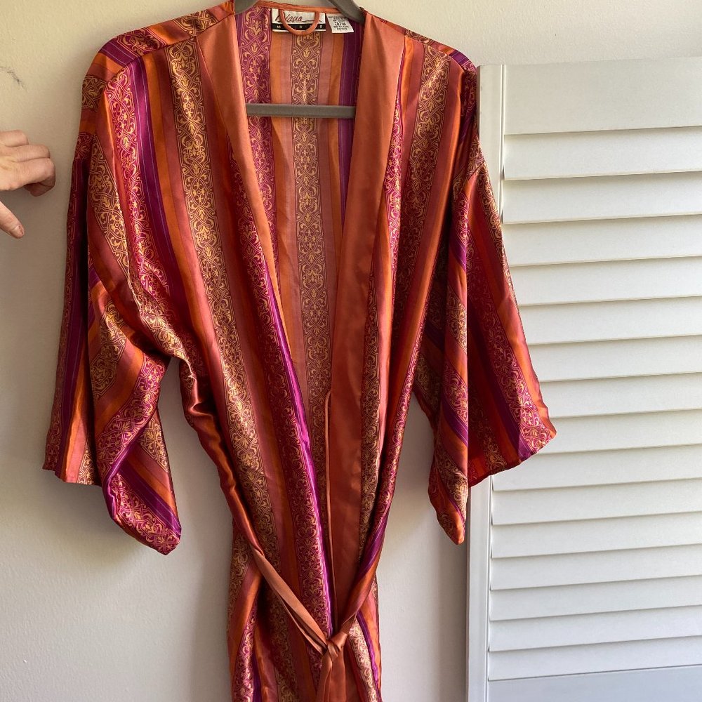 Vintage Diana Marco Robe Orange Rust Mediallion Satin Like Material with Tie